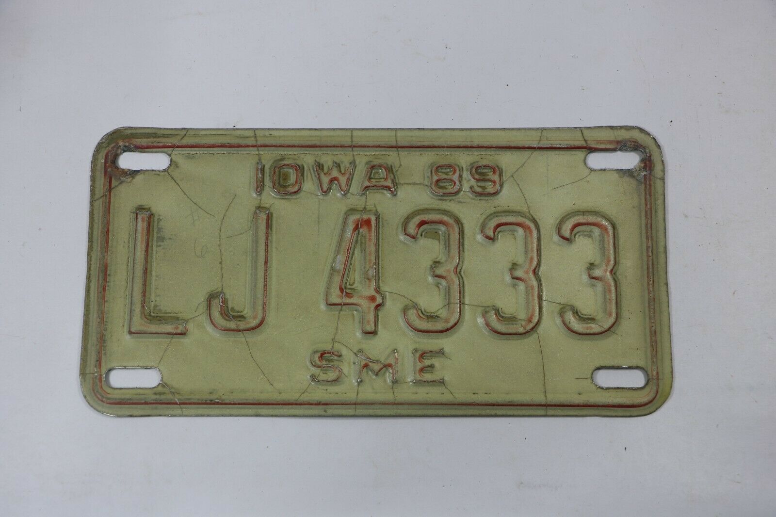 1989 Iowa Motorcycle License Plate, Tag Number Is Lj4333....sme