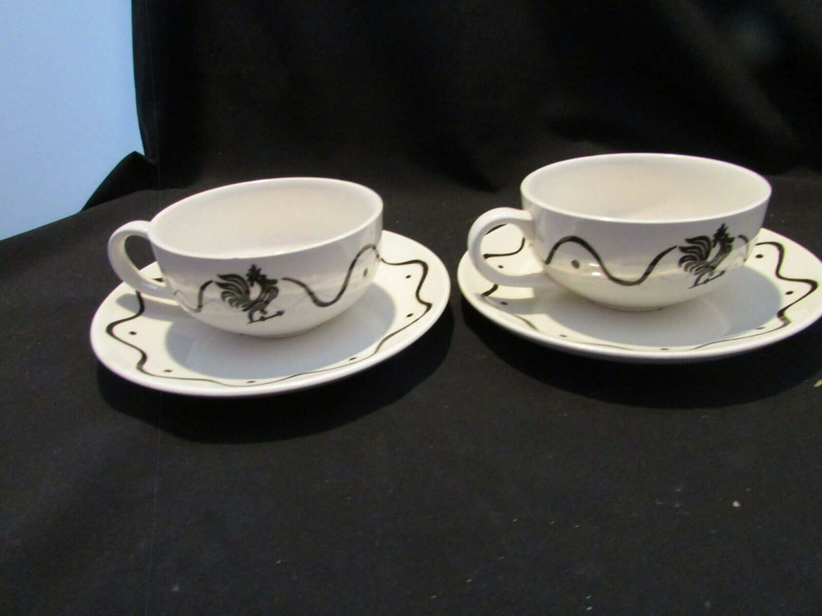 Set Of 2 Royal China Usa Rooster Black And White Cup And Saucer