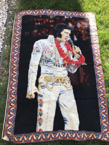 Vtg Elvis Presley Large Wall Hanging Tapestry 54x37 Inch The King Hawaii Lei