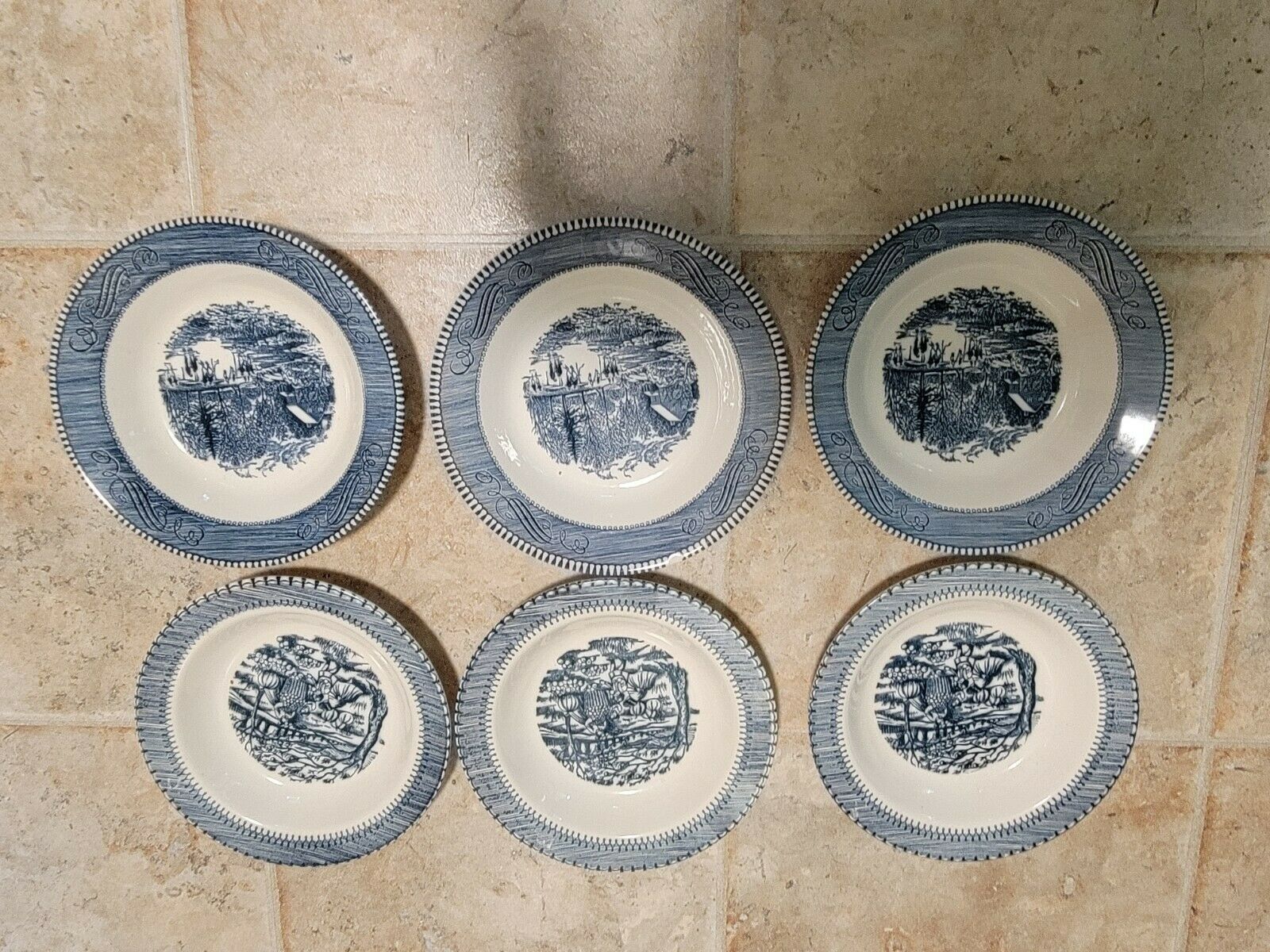 SET OF 6 VINTAGE CURRIER AND IVES EARLY WINTER SOUP BOWLS