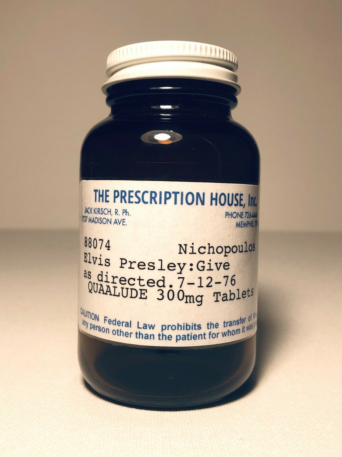 Elvis Presley Quaalude Prescription Bottle Reproduction - Awesome Curio Piece!