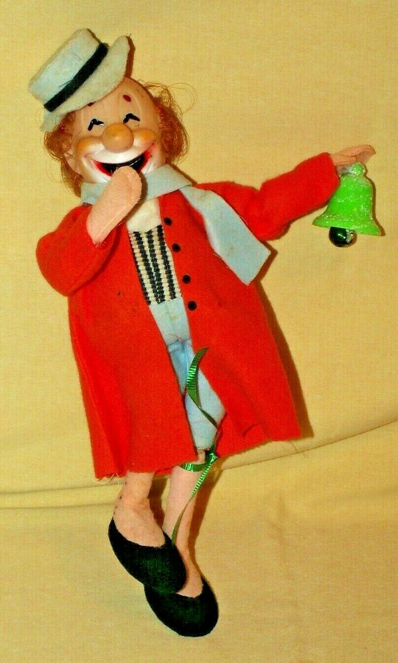Clown Doll Knee Hugger Orange Felt Coat Hat Glitter Bell Vintage Japan 12"*