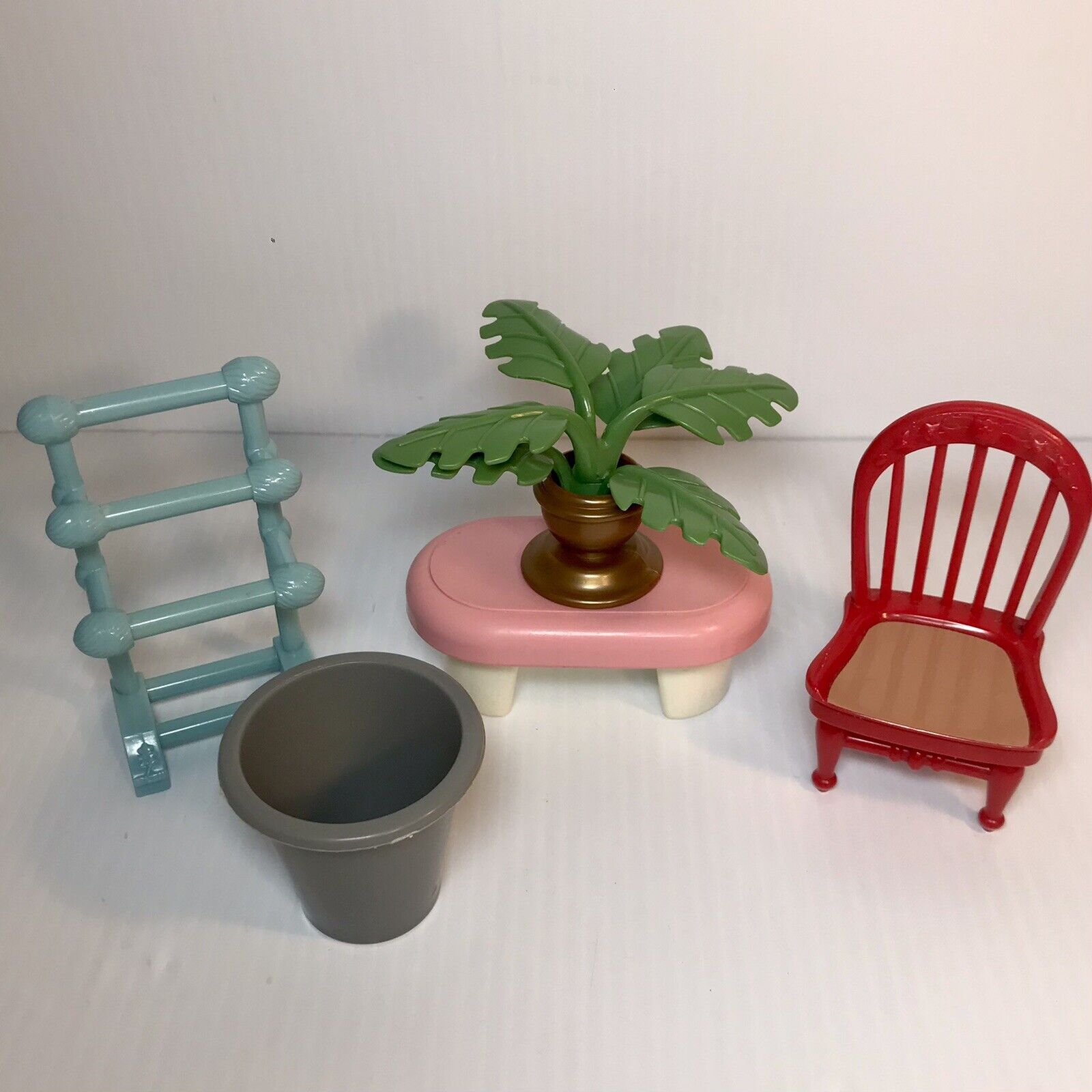 Fisher Price Dollhouse Furniture Lot - Plant Wastebasket Towel Rack Chair Table