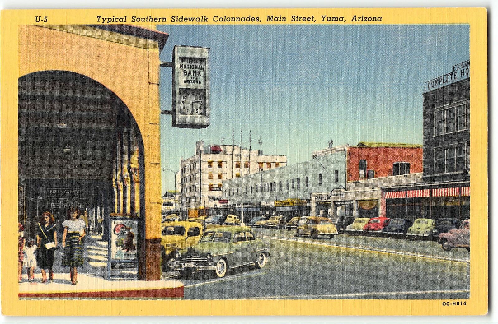 Sidewalk Colonnades (Arches) MAIN ST YUMA AZ - Fabric Shop, Bank - 1950 Postcard
