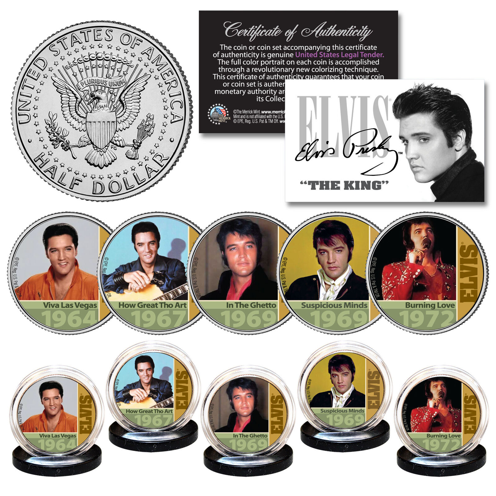 Elvis Presley 1960's-70's Music Hits Official Jfk Kennedy Half Dollar 5-coin Set
