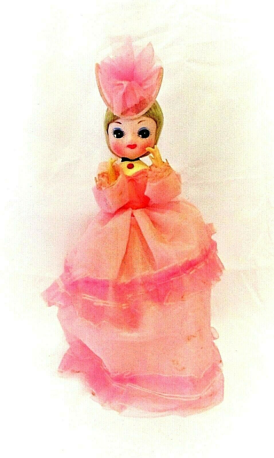 Vintage Big Eyed Stockinette Doll 13" Tall Semi Sheer Pink Lace Trimmed Dress