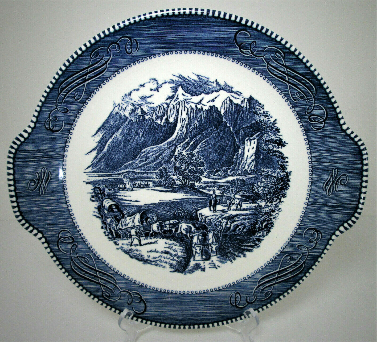 Royal China Currier & Ives Blue Cake Plate Rocky Mountains Vintage Two Handle